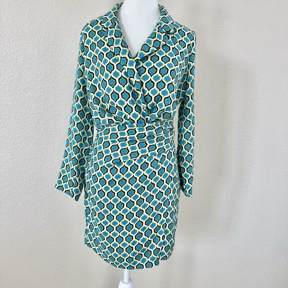 NWT Zara Geometric Collared Mini Party Dress Blue Green Print Size Small - Picture 4 of 16